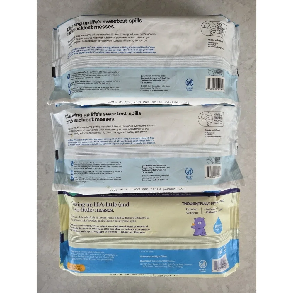 3 PK Hello Bello Baby Wipes (60 Count Each) Unscented Baby Wipes Hypoallergenic